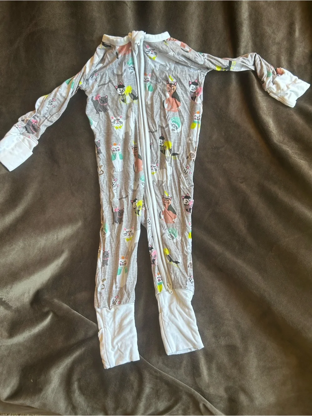 Little Sleepies Gray Cat Print One-Piece with Pastel Accents